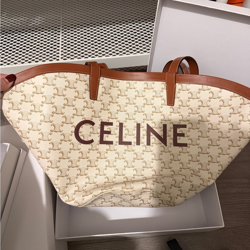 Celine Cream Logo Canvas Tote with Brown Leather Trim